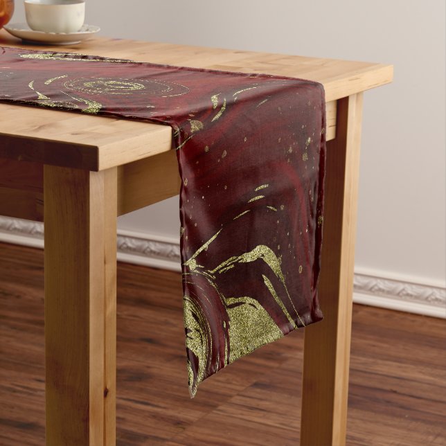 Modern Elegant Red & Gold Marble Swirl  Short Table Runner (In Situ)
