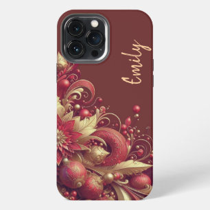 Modern elegant red golden ornamental florals iPhone 13 pro max case