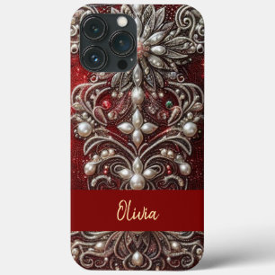 Modern elegant red green pearls Valentine’s Day iPhone 13 Pro Max Case