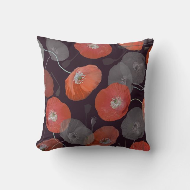 Modern Elegant Red Grey Poppy Flowers Cushion (Front)