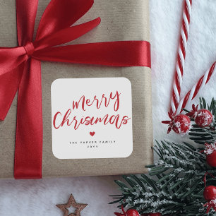 Modern Elegant Red Heart Merry Christmas Square Sticker