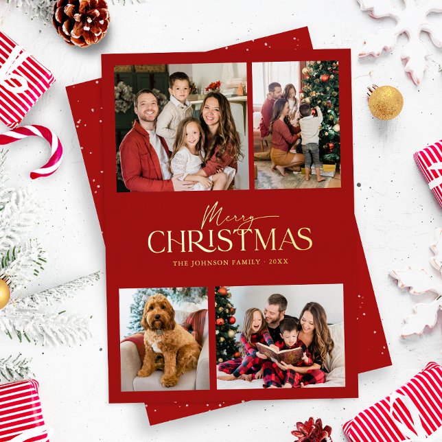 Modern Elegant Red Merry Christmas Family Photo  (Modern elegant red and gold foil typography photo collage christmas holiday card)