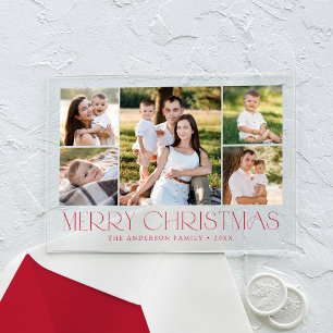 Modern Elegant Red Merry Christmas Photo Collage Acrylic Invitations