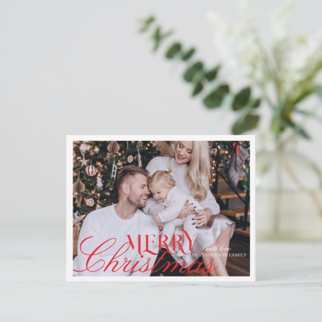 Modern Elegant red script  Christmas Family Photo Holiday Card (Standing Front)