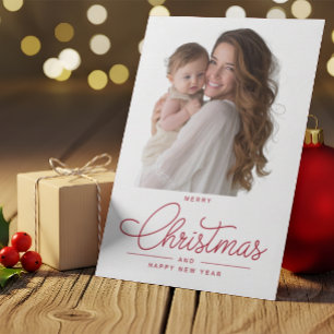 Modern Elegant Red Script Photo Merry Christmas  Holiday Card