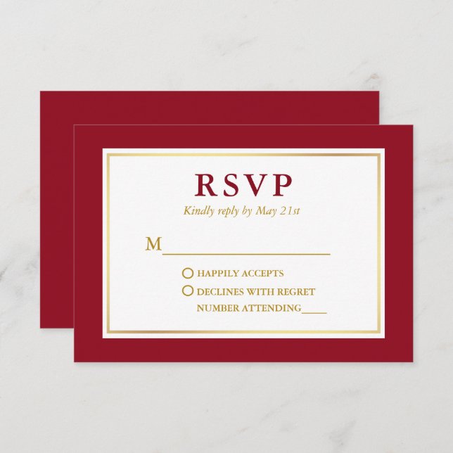 Modern Elegant Red White Gold RSVP Card (Front/Back)