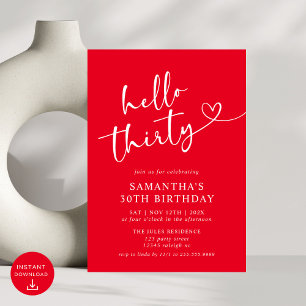 Modern Elegant Red White Hello 30th Birthday Party Invitation