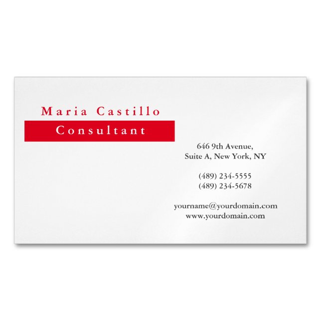 Modern Elegant Red White Minimalist Magnetic Business Card (Front)