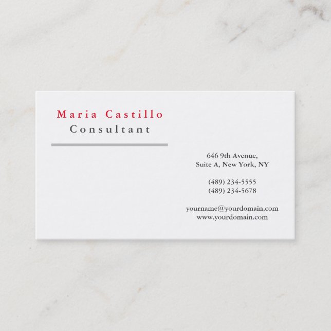 Modern Elegant Red White Minimalist Plain Business Card (Front)