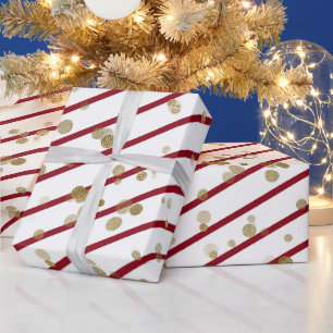 Modern Elegant Red White Stripe Gold Dots Wrapping Paper