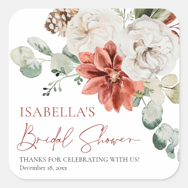 Modern Elegant Red Winter Christmas Bridal Shower Square Sticker (Front)