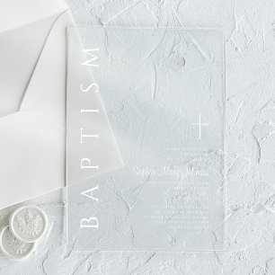 Modern Elegant Religious Cross White Baptism Acrylic Invitations