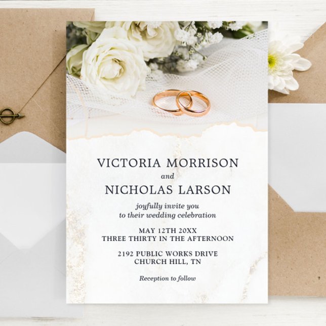 Modern Elegant Rings with Roses Wedding Invitation (Creator Uploaded)