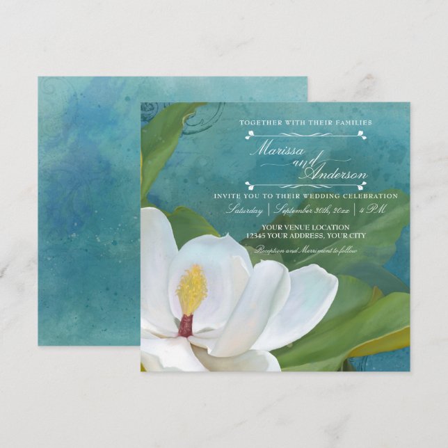 Modern Elegant Romantic Magnolia Floral Typography Invitation (Front/Back)