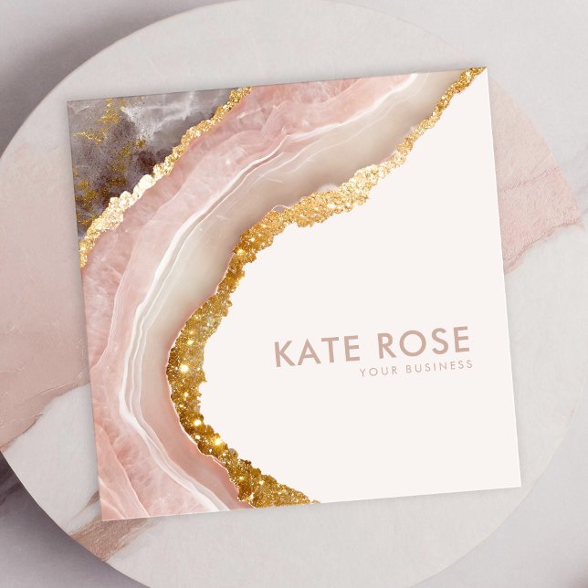Modern Elegant Rose Agate Marble Gold Glitter Chic Square Business Card (Creator Uploaded)