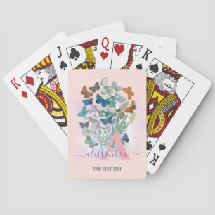 modern elegant rose butterfly monogram blush name playing cards