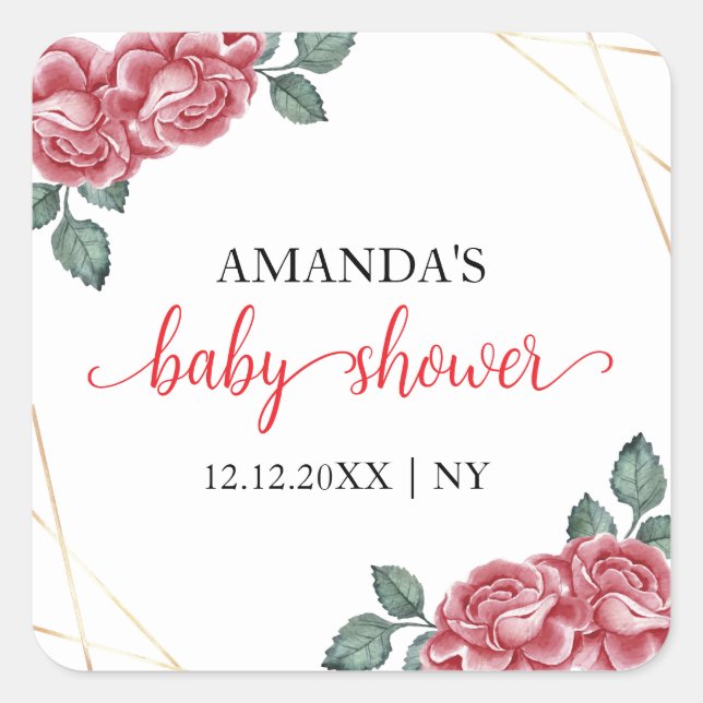 Modern Elegant Rose Floral Sweetheart Baby Shower  Square Sticker (Front)