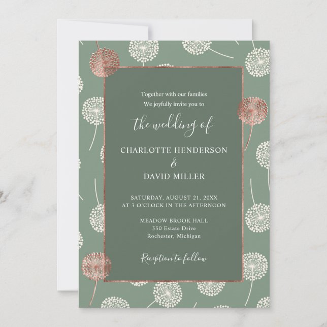 Modern Elegant Rose Gold Dandelion Green Wedding Invitation (Front)