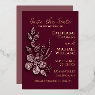 Modern Elegant Rose Gold Glitter Floral & Burgundy