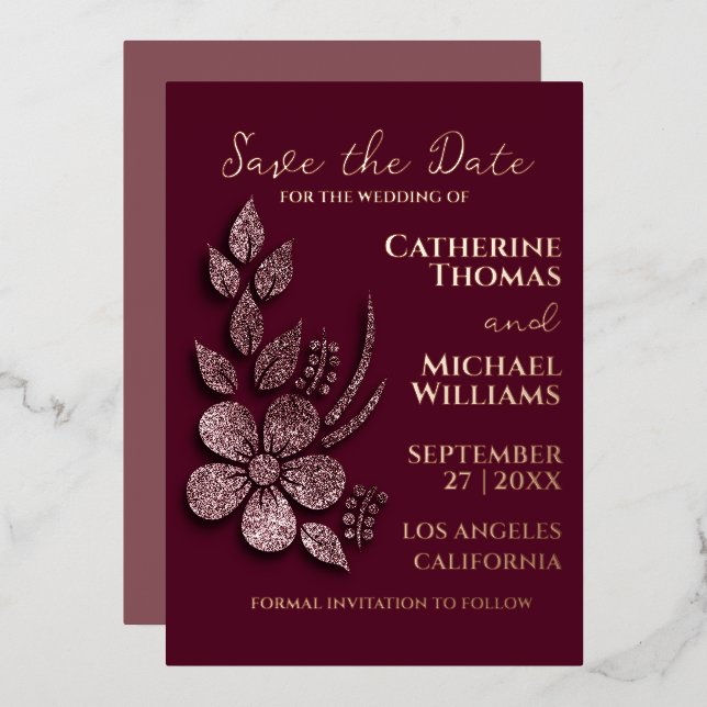 Modern Elegant Rose Gold Glitter Floral & Burgundy (Front/Back)
