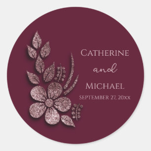 Modern Elegant Rose Gold Glitter Floral & Burgundy Classic Round Sticker