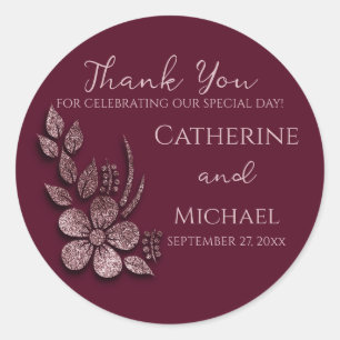 Modern Elegant Rose Gold Glitter Floral & Burgundy Classic Round Sticker