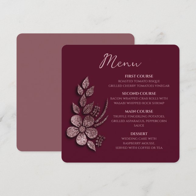 Modern Elegant Rose Gold Glitter Floral & Burgundy Menu (Front/Back)