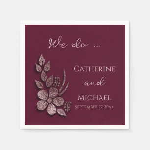 Modern Elegant Rose Gold Glitter Floral & Burgundy Napkin