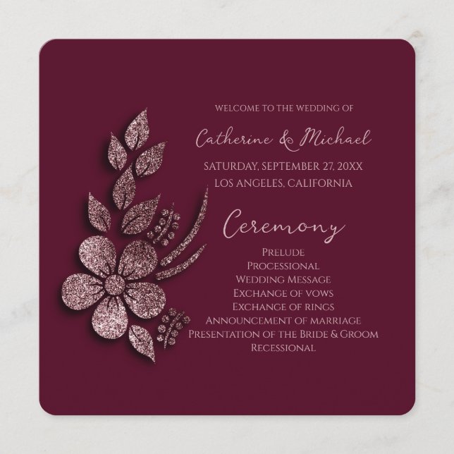 Modern Elegant Rose Gold Glitter Floral & Burgundy Programme (Front)
