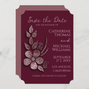 Modern Elegant Rose Gold Glitter Floral & Burgundy Save The Date