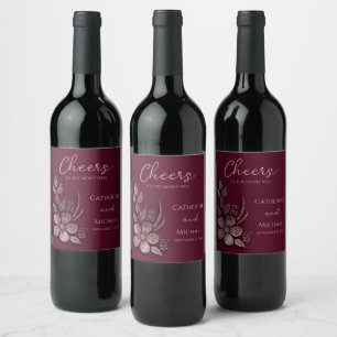 Modern Elegant Rose Gold Glitter Floral & Burgundy Wine Label