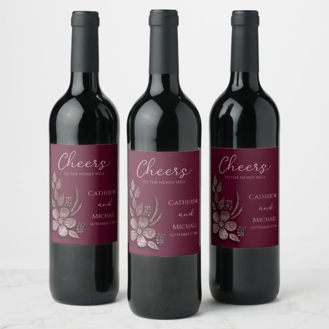Modern Elegant Rose Gold Glitter Floral & Burgundy Wine Label (Bottles)