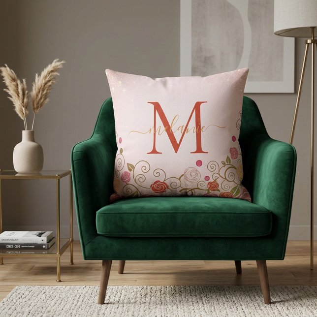 Modern Elegant Rose Gold Glitter Monogram Script  Cushion (Creator Uploaded)