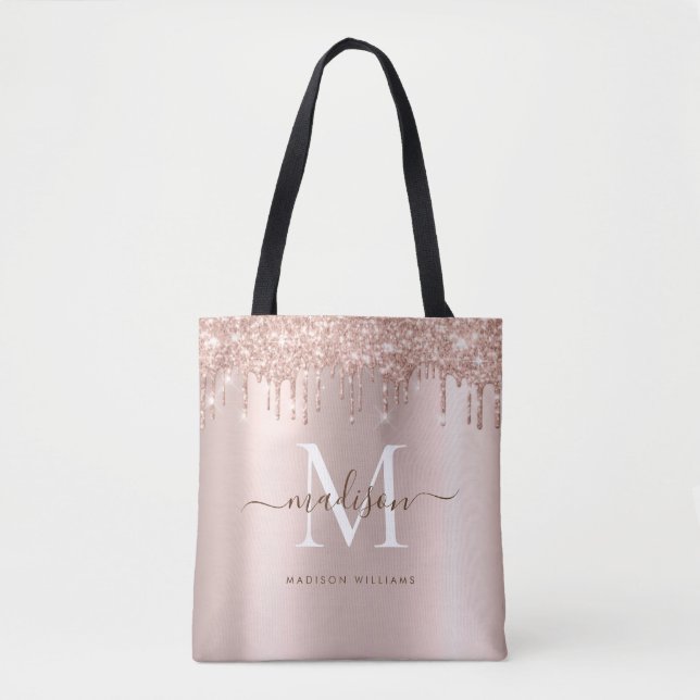 Modern Elegant Rose Gold Glitter Monogram Script  Tote Bag (Front)