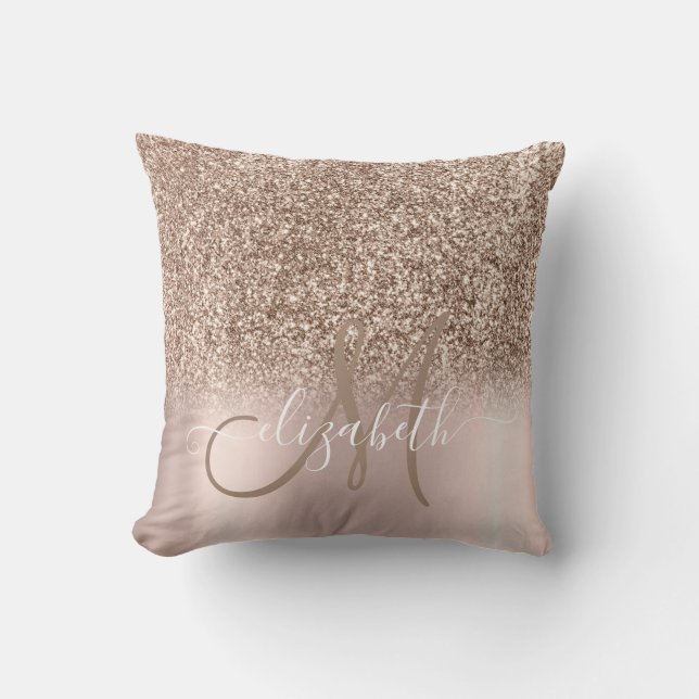 Modern Elegant Rose Gold Glitter Ombre Monogram Cushion (Front)