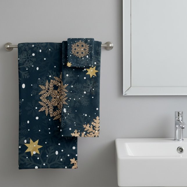 Modern Elegant Rose Gold Glitter Snowflakes Blue Bath Towel Set (Creator Uploaded)
