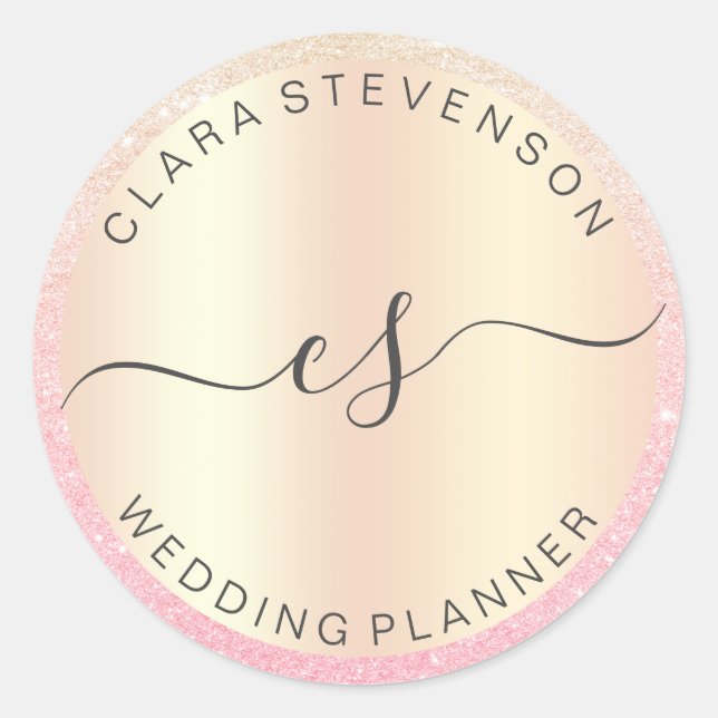 Modern elegant rose gold glitter wedding planner classic round sticker (Front)