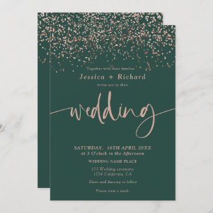 Modern elegant rose gold green wedding script invitation