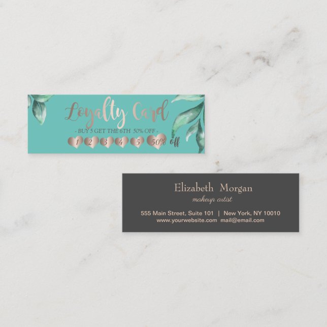 Modern Elegant Rose Gold Hearts,Leaves Mint Green  Loyalty Card (Front/Back)