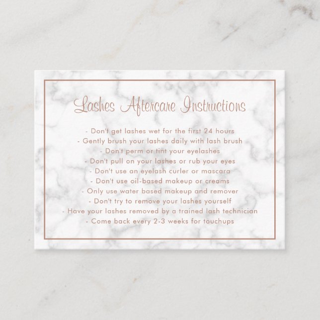 Modern Elegant Rose Gold Marble Aftercare Lashes Business Card (Front)