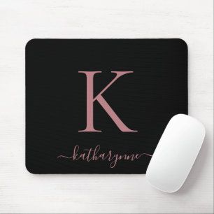 Modern Elegant Rose Gold Monogram Script Black Mouse Pad