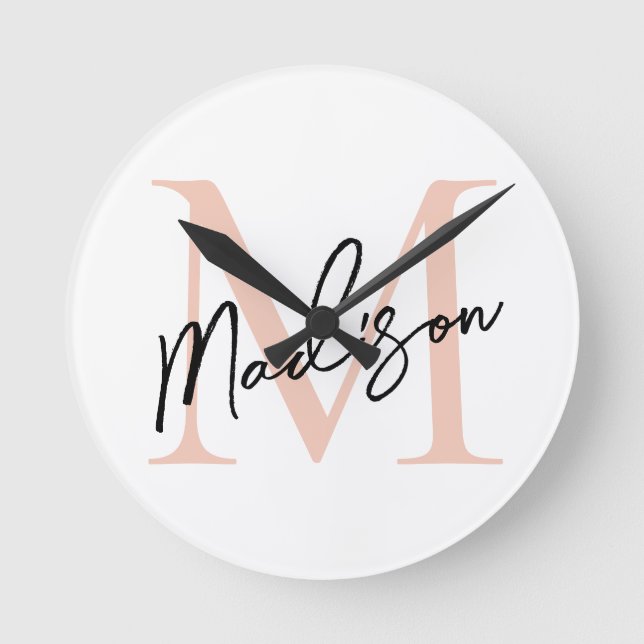Modern Elegant Rose Gold Personalised Monogram Round Clock (Front)