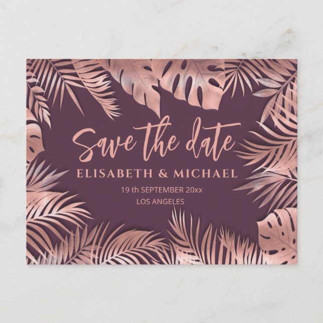 Modern elegant rose gold  tropical leaves romantic announcement postcard (Front)