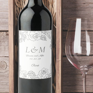 Modern Elegant Rose Monogram Wedding Engagement Wine Label