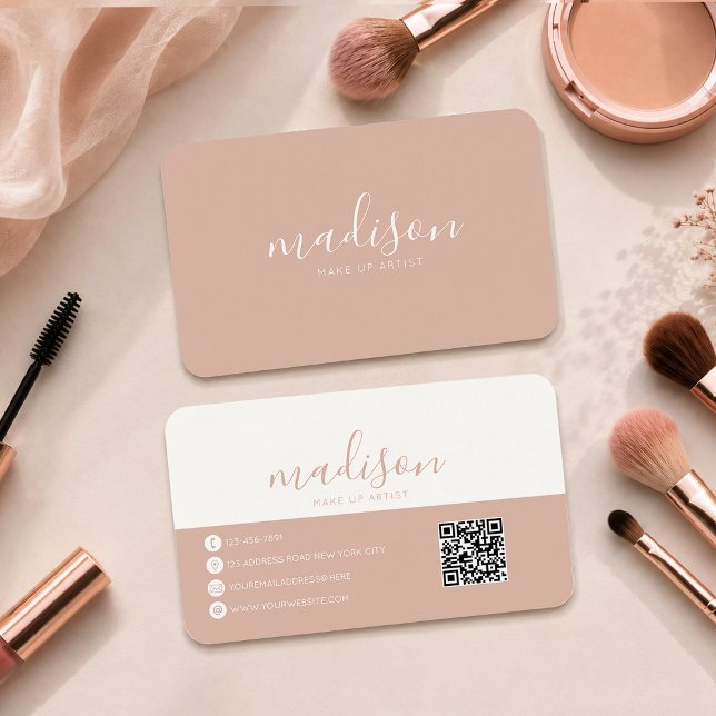 Modern Elegant Round Blush Pink Script Qr Code Business Card (Creator Uploaded)