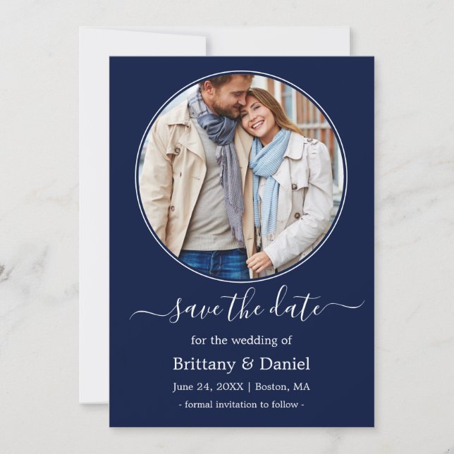 Modern Elegant Round Photo Frame Blue Save The Date (Front)