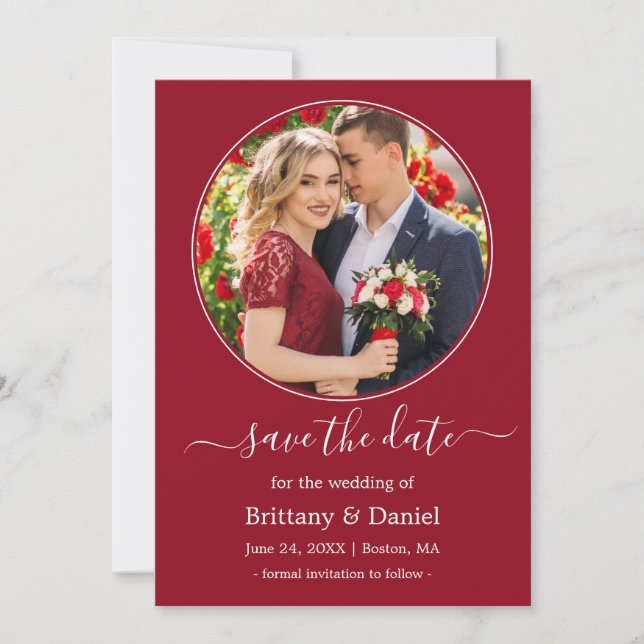 Modern Elegant Round Photo Frame Red Save The Date (Front)