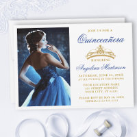 Modern Elegant Royal Blue Gold Crown Quinceanera