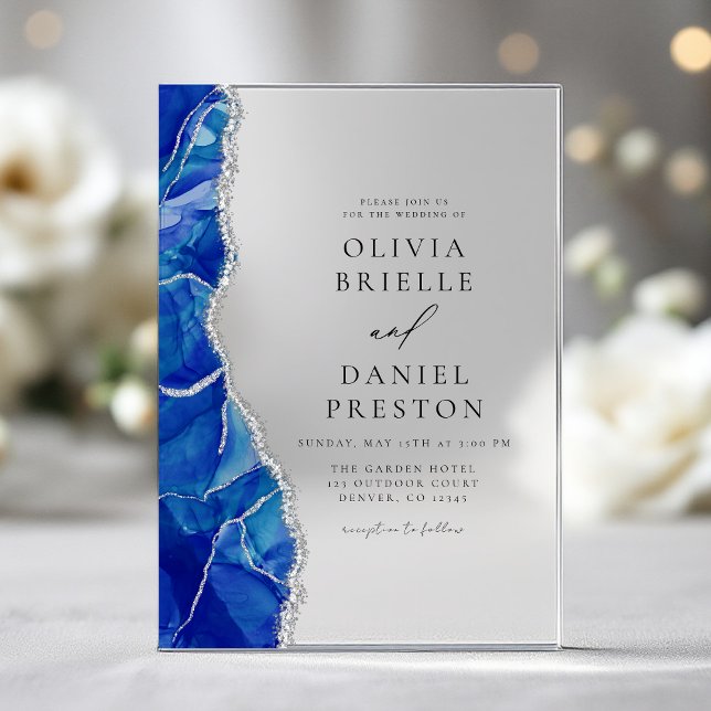 Modern Elegant Royal Blue Silver Agate Wedding  Acrylic Invitations (Creator Uploaded)