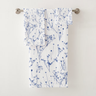 Modern Elegant Royal Blue Wildflowers Toile Bath Towel Set